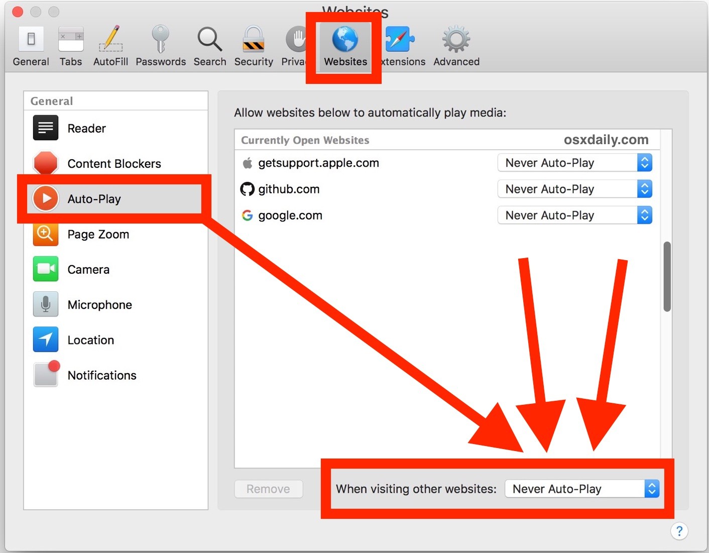safari preferences websites autoplay