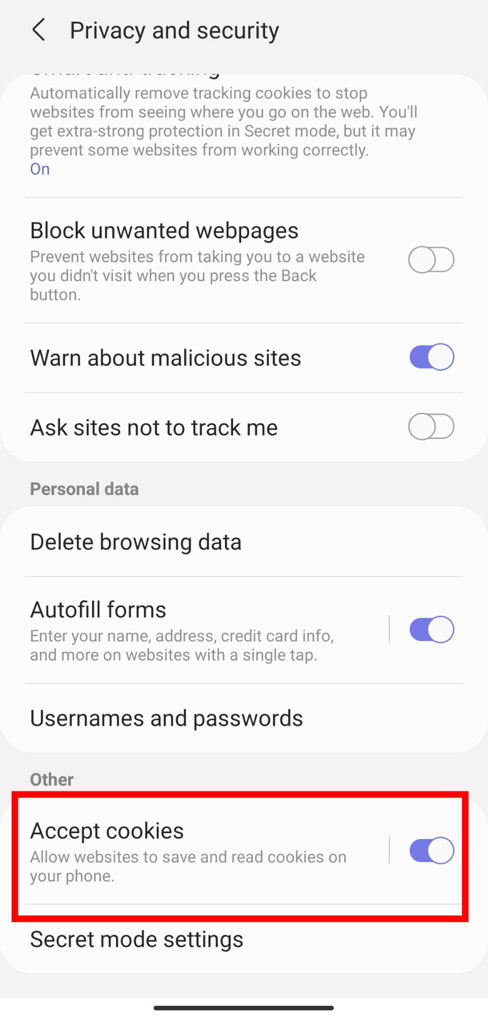 Comment activer les cookies sur Samsung s22 Meetivia
